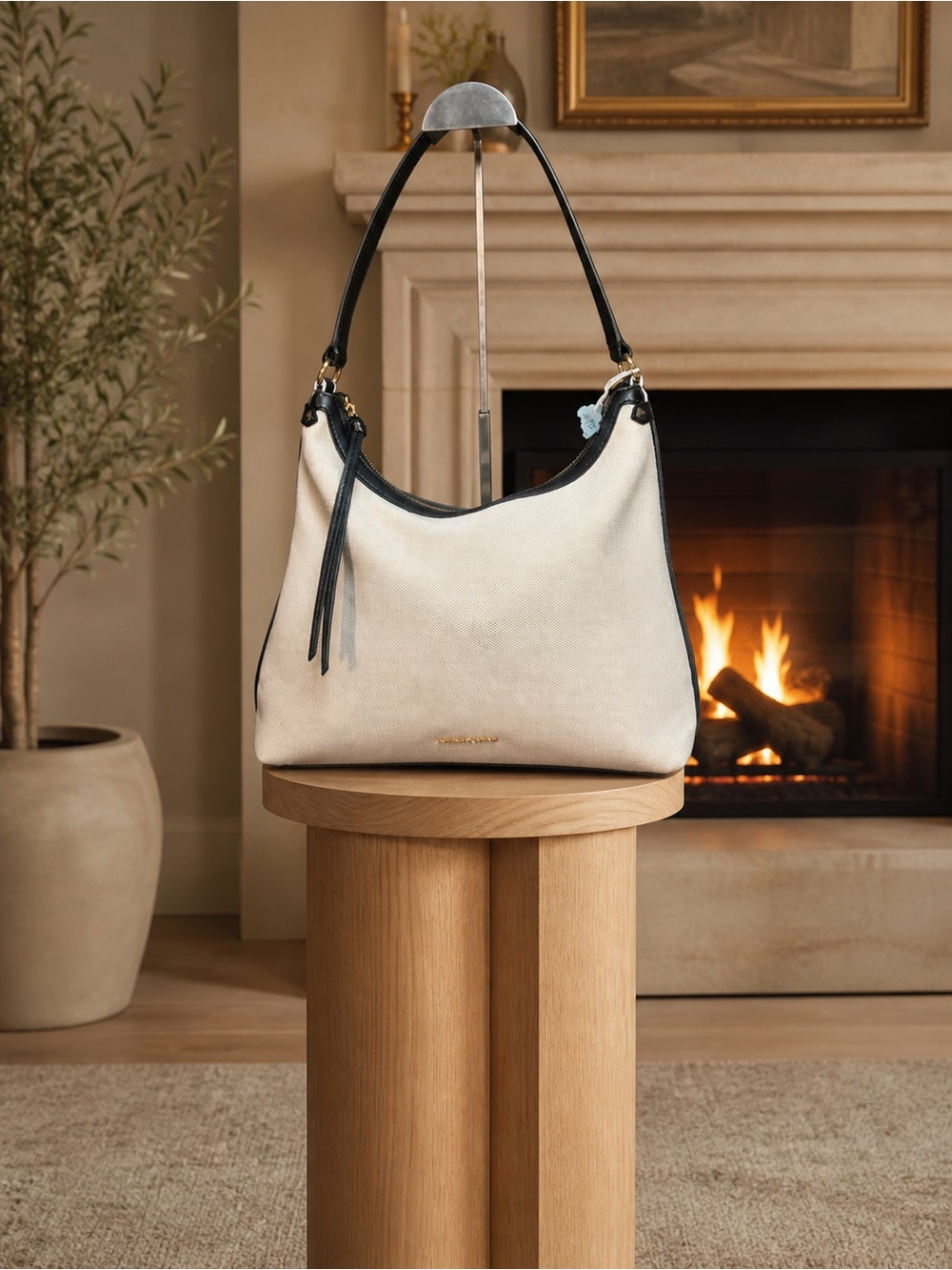 Canvas Hobo Shoulder Bag in Cream with Black Trim